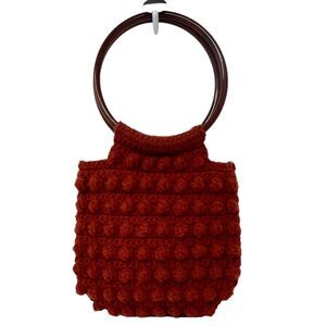 Vintage Crochet Burnt Orange Bobble Purse Bag Plastic Circle Handles Hippie